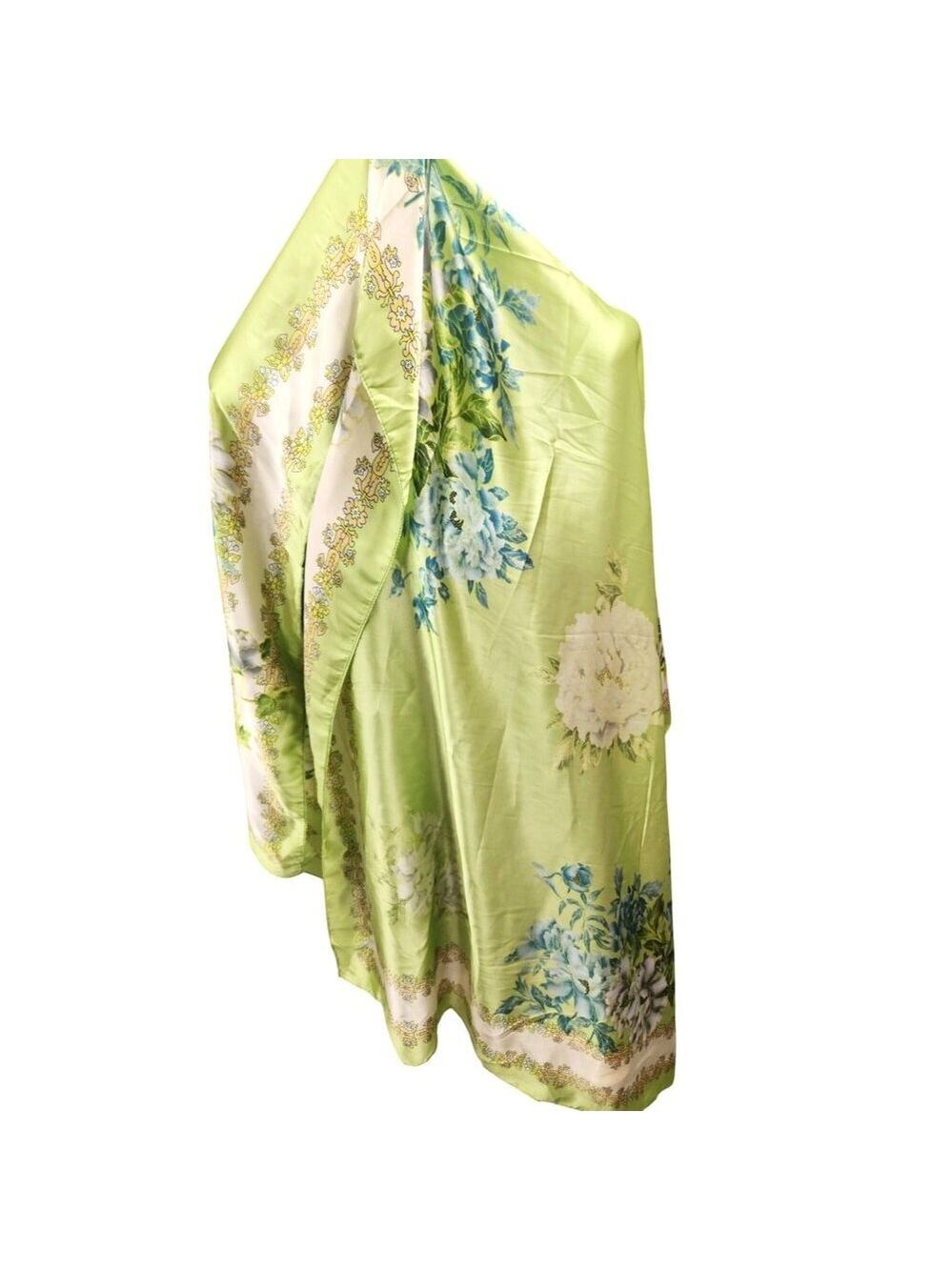 Green Floral Satin Scarf Lightweight Shawl Wrap Elegant Summer Accessory - Picture 10 of 12
